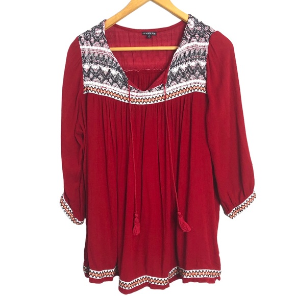 Hannah Tops - Hannah Red Tunic Top Medium Boho Tassels Embroidery